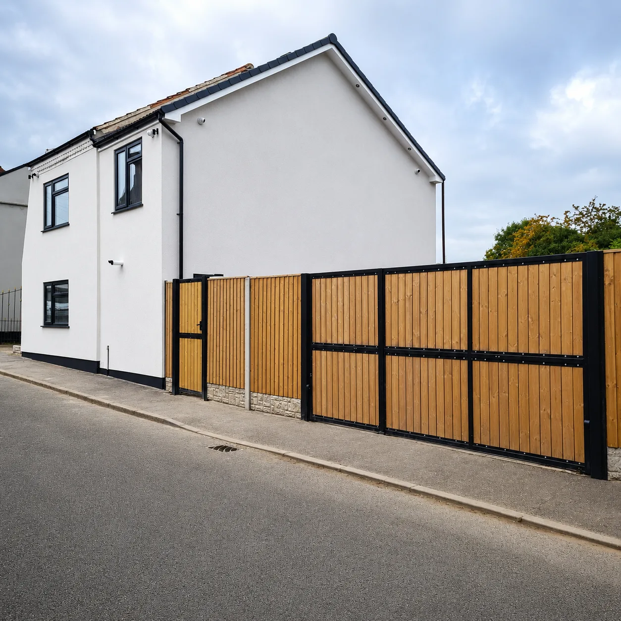 Exterior — fully rendered, repainted, with new black-framed wood-clad gate and refreshed kerb appeal.