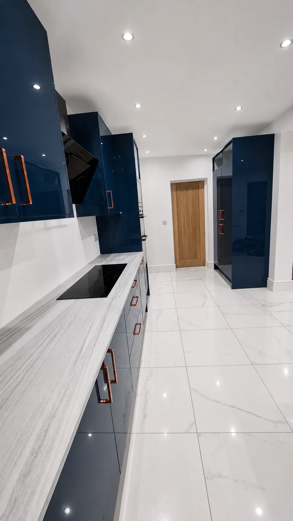 Kitchen detail — induction hob, integrated extractor and contrast worktop finish.